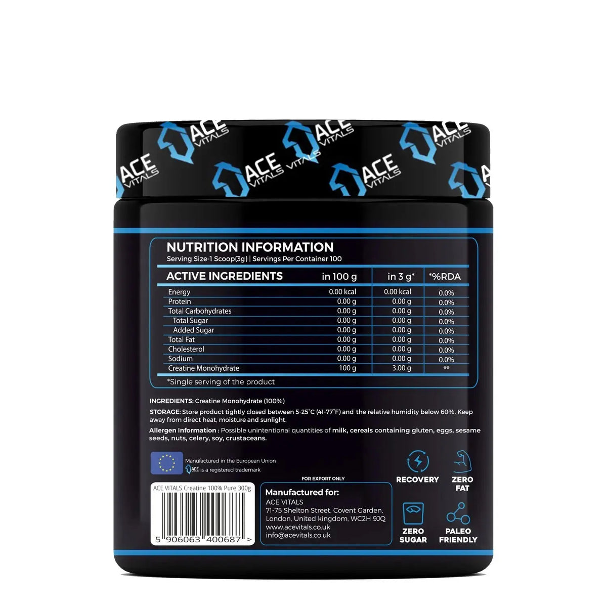 Ace Vitals Creatine 300g | 100 Servings | Mfg: European Union Product vendor