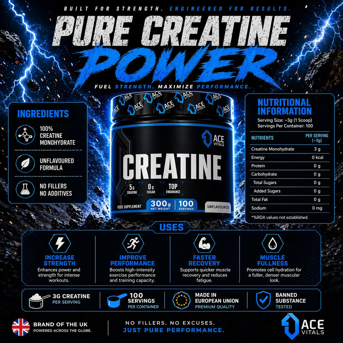 Ace Vitals Creatine 300g | 100 Servings | Mfg: European Union Product vendor