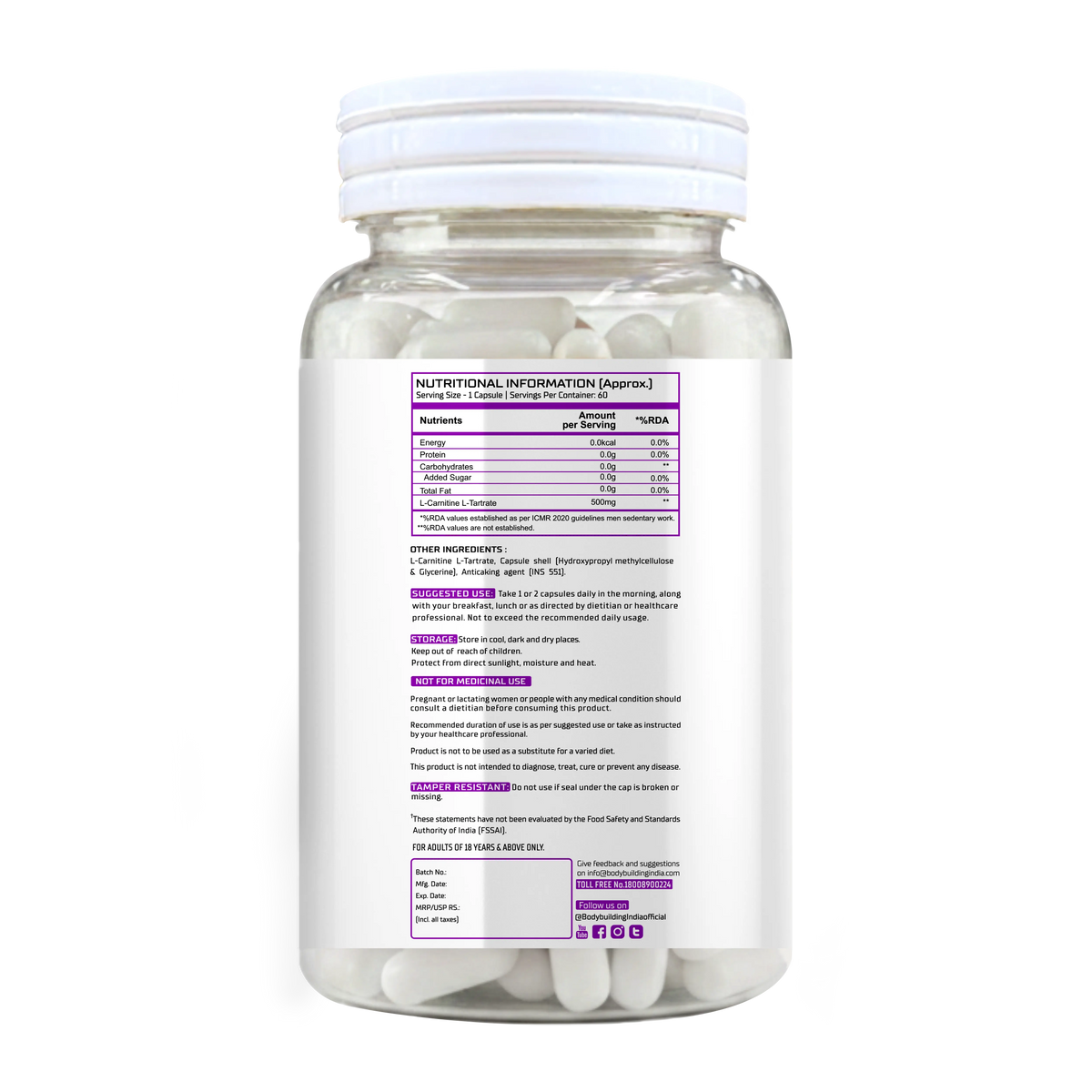 BBI L-Carnitine L-Tartrate 500 mg Supplement – Fat Burner, Energy & Performance Support | 60 Capsules Product vendor