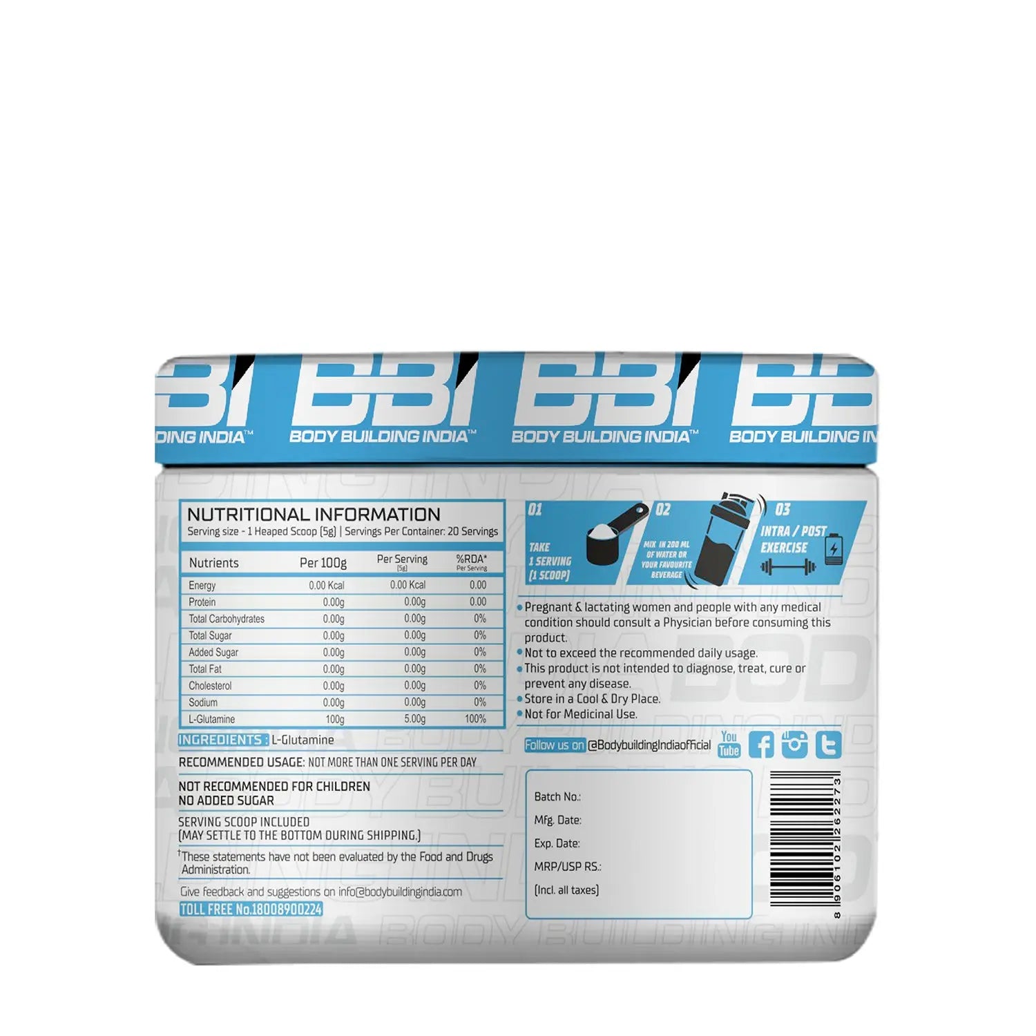 Body Building India BBI L-Glutamine 100g (20 Servings) Product vendor