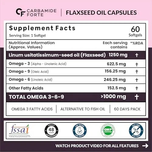 Carbamide Forte Cold Pressed Flaxseed Oil Capsules 1250mg Omega 3 6 9 | 60 Capsules Product vendor