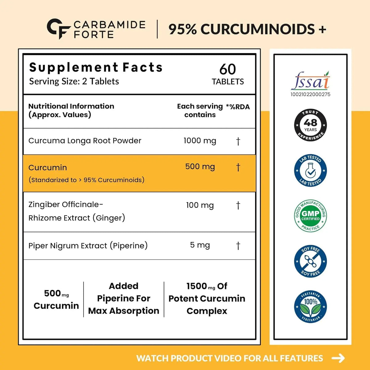 Carbamide Forte Curcumin 95% Curcuminoids + Curcuma Longa Root Powder | 60 Veg Tablets Product vendor