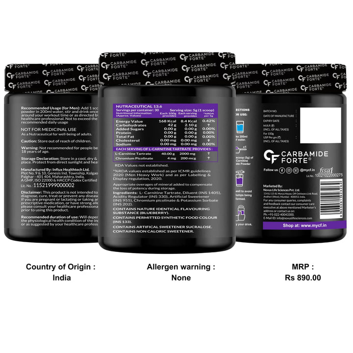 Carbamide Forte L Carnitine Powder for Men & Women | L-Carnitine L Tartrate 2000mg Product vendor