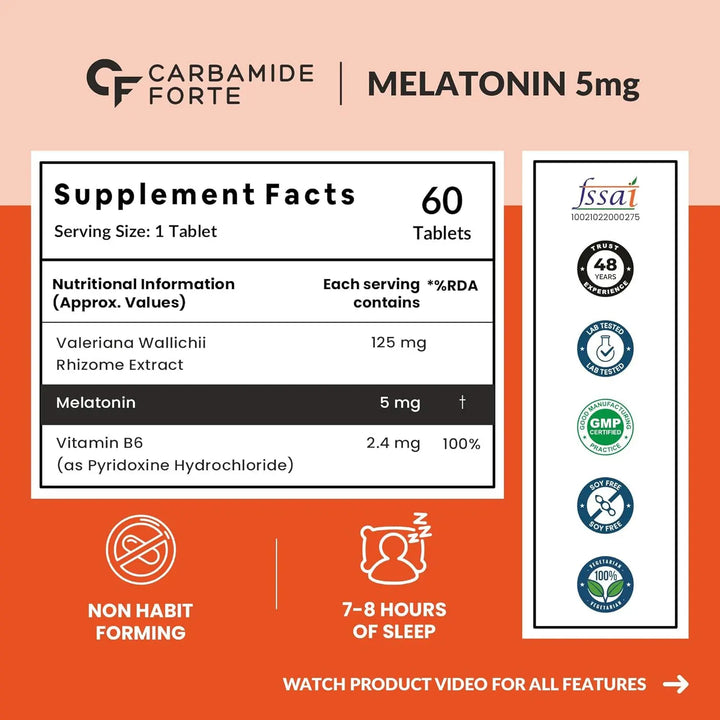 Carbamide Forte Melatonin 5mg Sleep Tablets with 125mg Tagar & Vitamin B6 | 60 Veg Tablets Product vendor