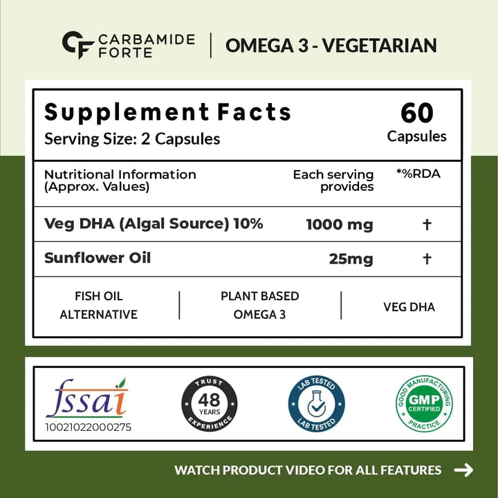 Carbamide Forte Veg Omega3 1000mg | Veg DHA | Vegetarian Omega 3 | Algal DHA | Plant Based | No Fish oil Used Tablets for Men & Women | 60 Veg Tablets Product vendor