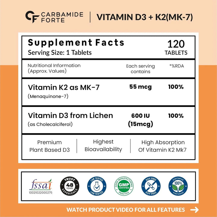 Carbamide Forte Vitamin D3 K2 | 120 Veg Tablets Product vendor
