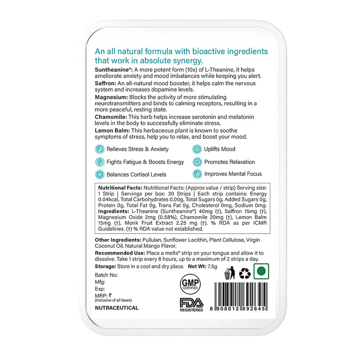 Wellbeing Nutrition Melts Calm & Relaxation | Suntheanine + Magnesium (30 Oral Strips) Product vendor