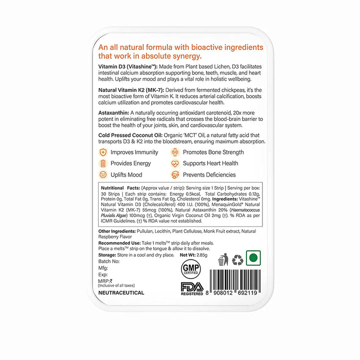 Wellbeing Nutrition Melts Natural Vitamin D3+K2 (30 Oral Strips) Product vendor